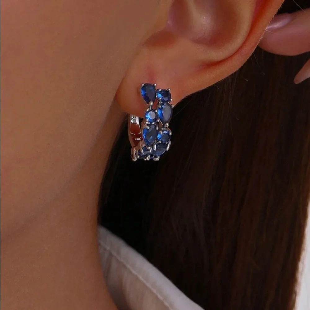 Gorgeous Royal Blue Diamond CZ Hoop Earrings in Sterling Silver - Picture 2 of 9